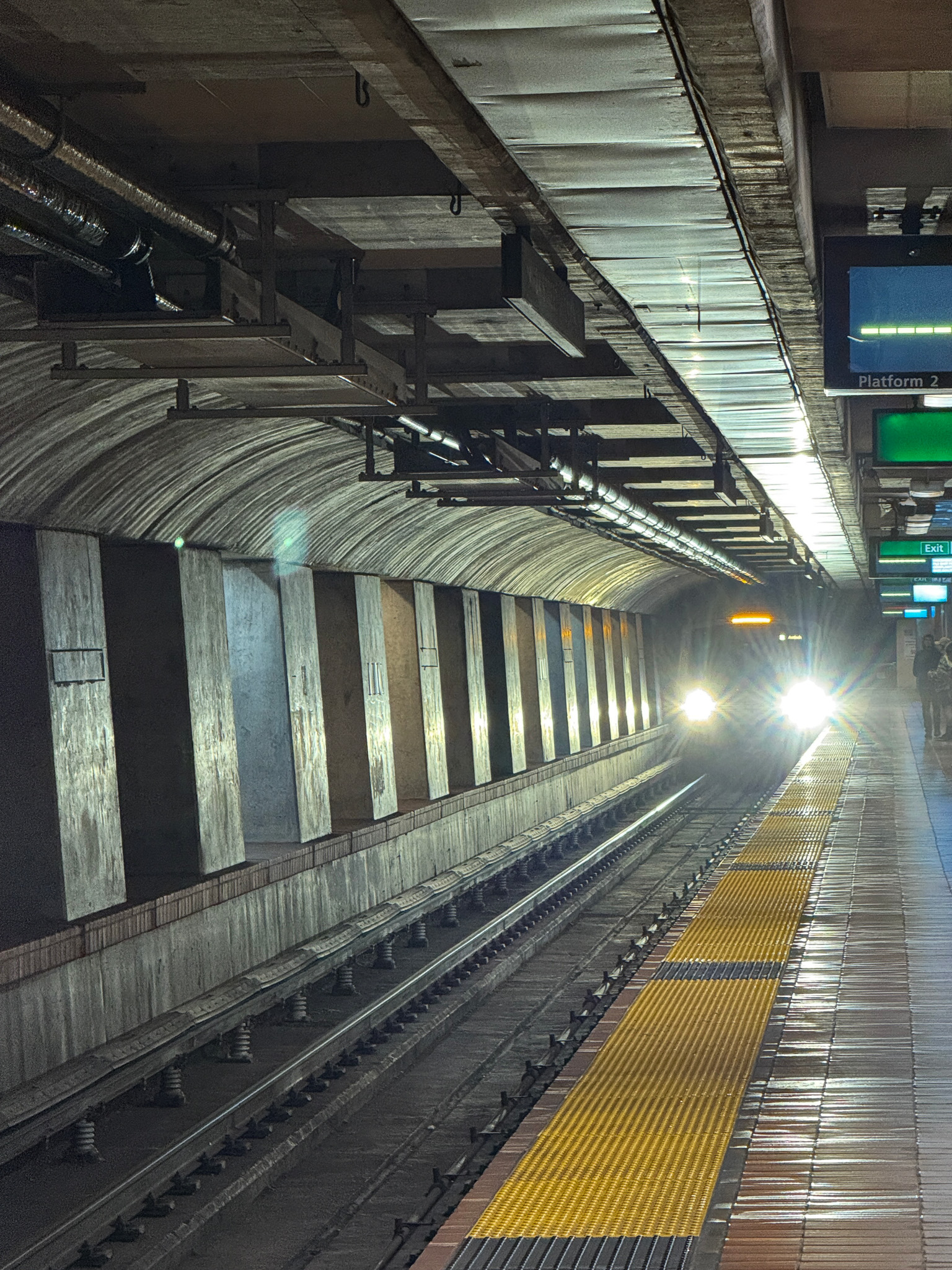 View of a BART train coming into the station.